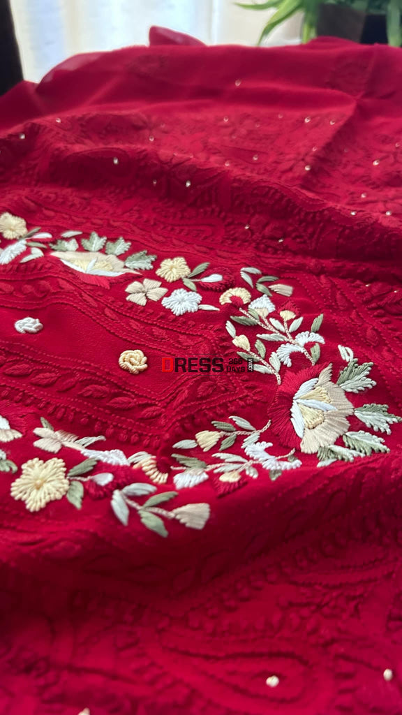 Maroonish Red Chikankari Parsi Gara Neckline Kurta Dupatta Set Suits
