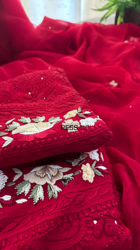 Maroonish Red Chikankari Parsi Gara Neckline Kurta Dupatta Set Suits