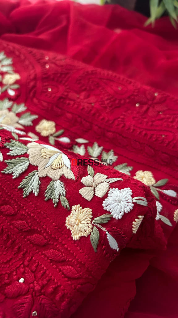 Maroonish Red Chikankari Parsi Gara Neckline Kurta Dupatta Set Suits