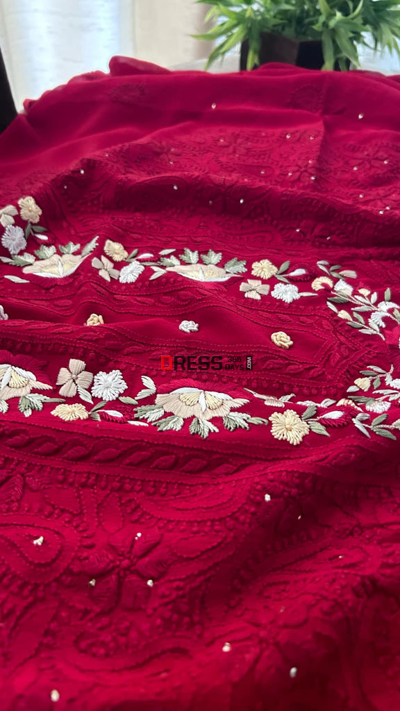 Maroonish Red Chikankari Parsi Gara Neckline Kurta Dupatta Set Suits