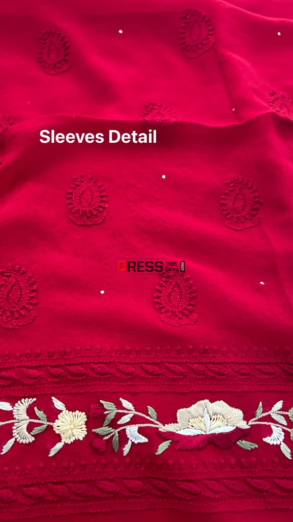 Maroonish Red Chikankari Parsi Gara Neckline Kurta Dupatta Set Suits