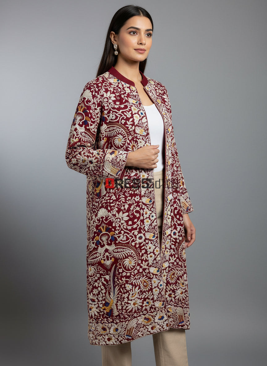Pre Order Maroonish Red Parsi Gara Crepe Silk Jacket