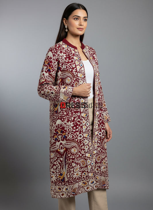 Pre Order Maroonish Red Parsi Gara Crepe Silk Jacket