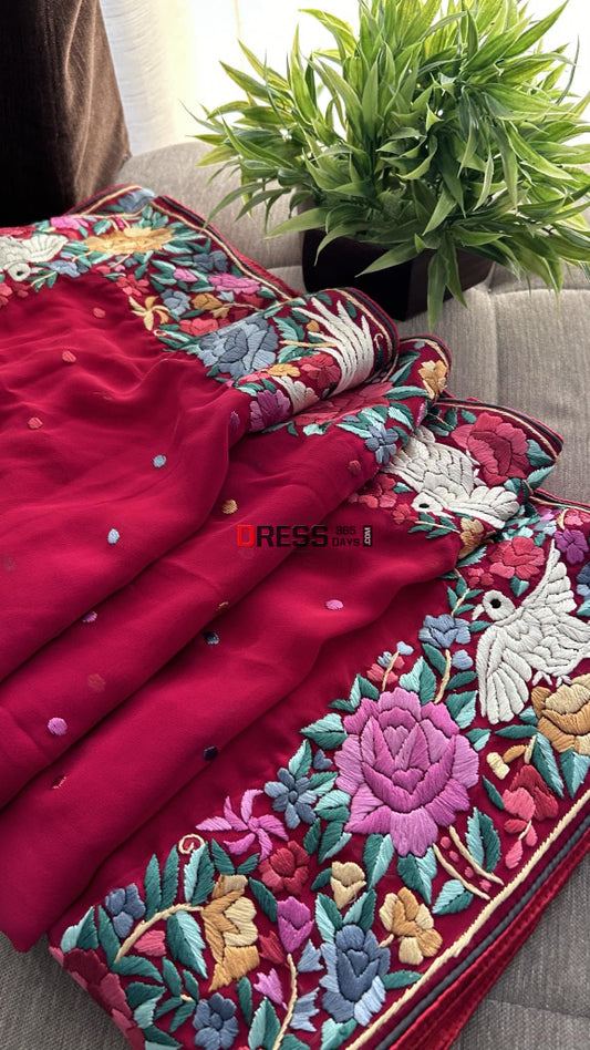 Maroonish Red Parsi Gara Hand Embroidered Dupatta