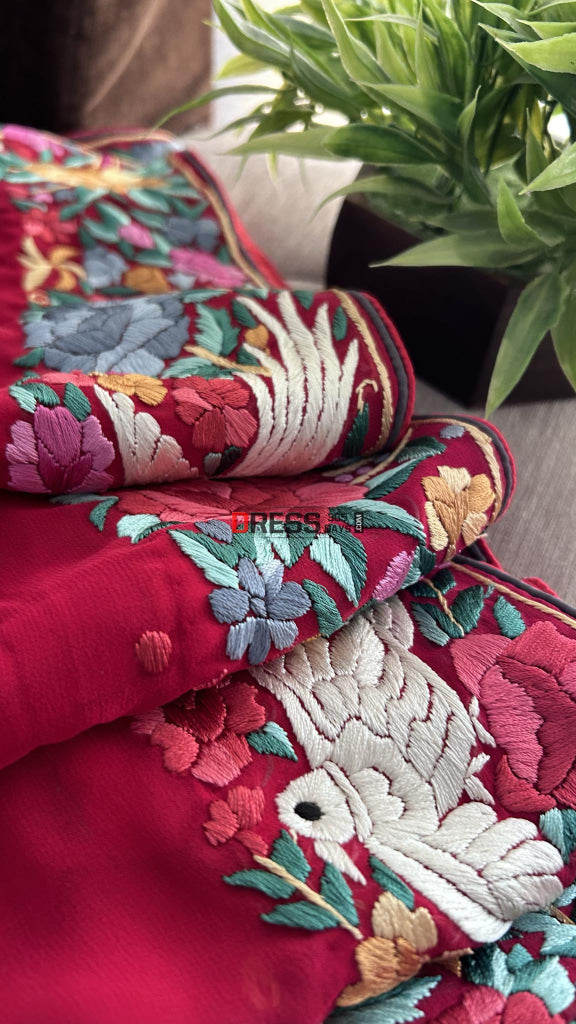 Maroonish Red Parsi Gara Hand Embroidered Dupatta