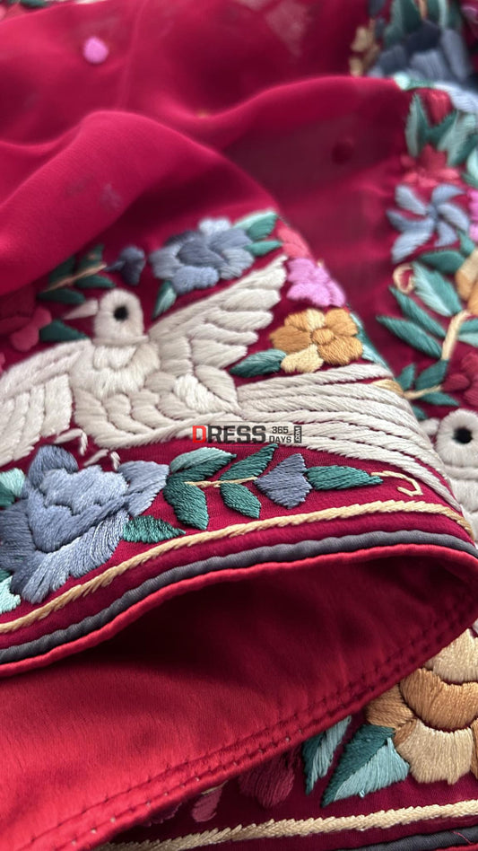 Maroonish Red Parsi Gara Hand Embroidered Dupatta