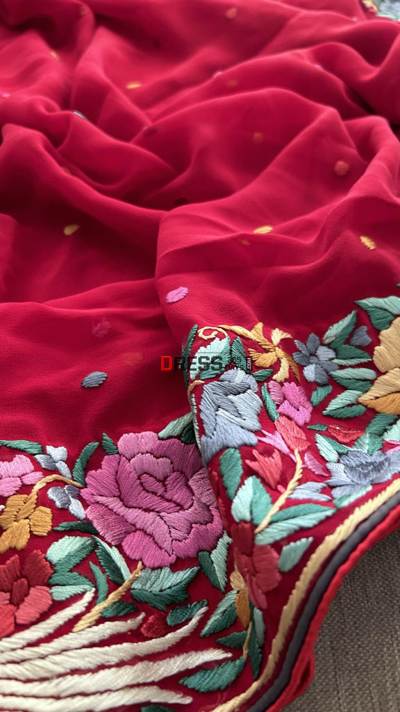 Maroonish Red Parsi Gara Hand Embroidered Dupatta