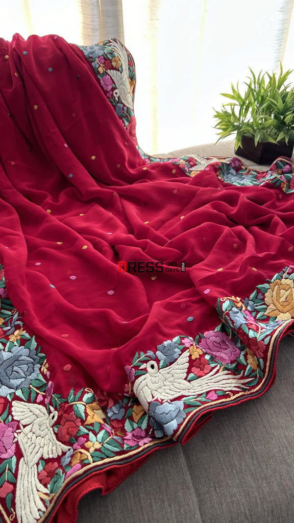 Maroonish Red Parsi Gara Hand Embroidered Dupatta