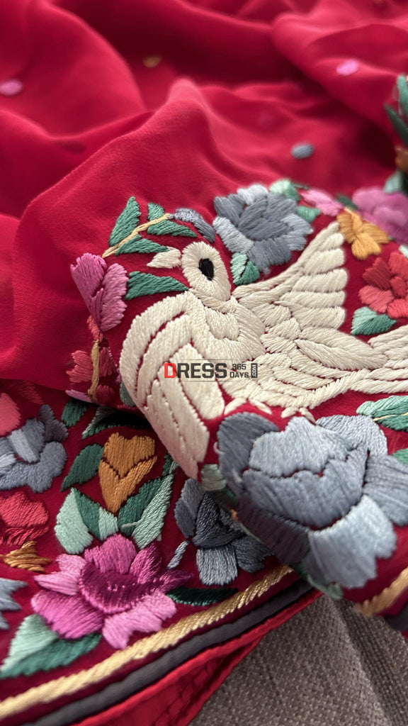 Maroonish Red Parsi Gara Hand Embroidered Dupatta