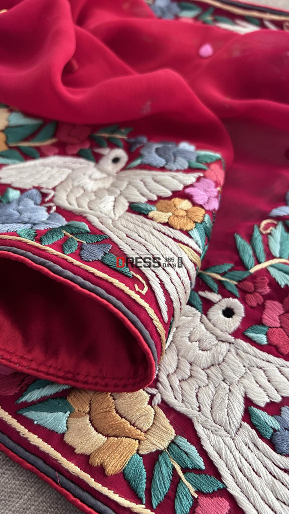Maroonish Red Parsi Gara Hand Embroidered Dupatta