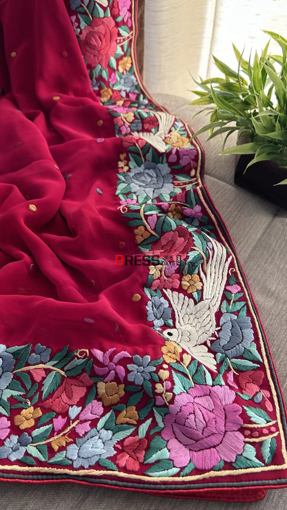 Maroonish Red Parsi Gara Hand Embroidered Dupatta