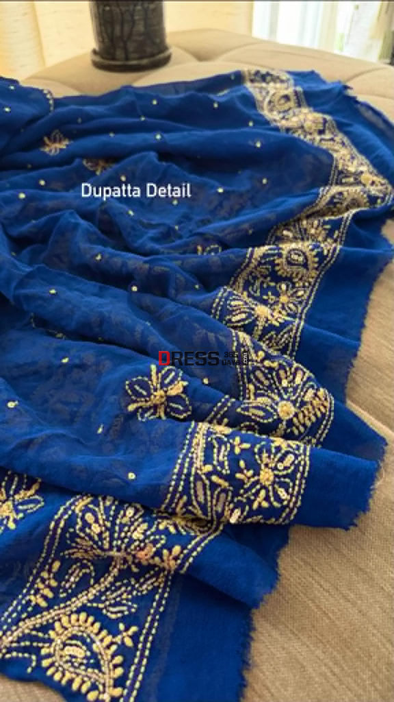 Masterpiece Blue Gold Cut Dana Sequin Chikankari Suit (Kurta & Dupatta) - Chikankari Suits