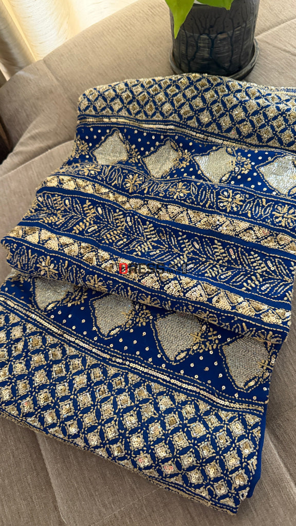 Masterpiece Blue Gold Cut Dana Sequin Chikankari Suit (Kurta & Dupatta) - Chikankari Suits