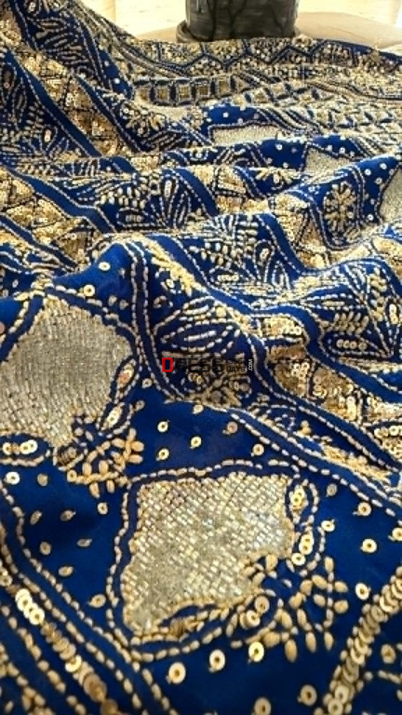 Masterpiece Blue Gold Cut Dana Sequin Chikankari Suit (Kurta & Dupatta) - Chikankari Suits