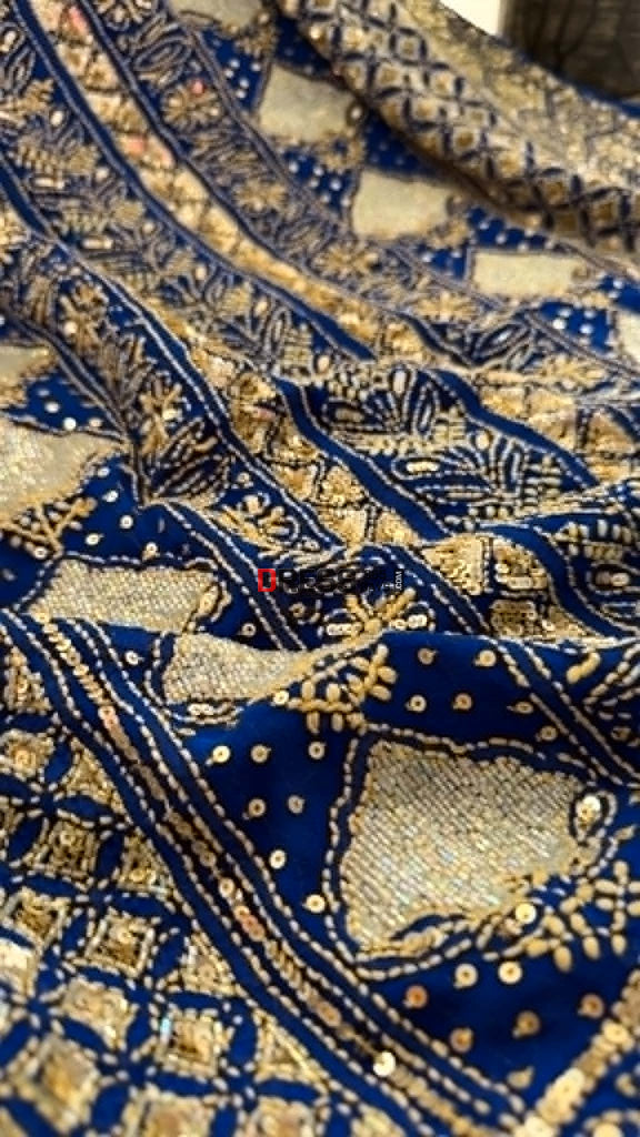 Masterpiece Blue Gold Cut Dana Sequin Chikankari Suit (Kurta & Dupatta) - Chikankari Suits