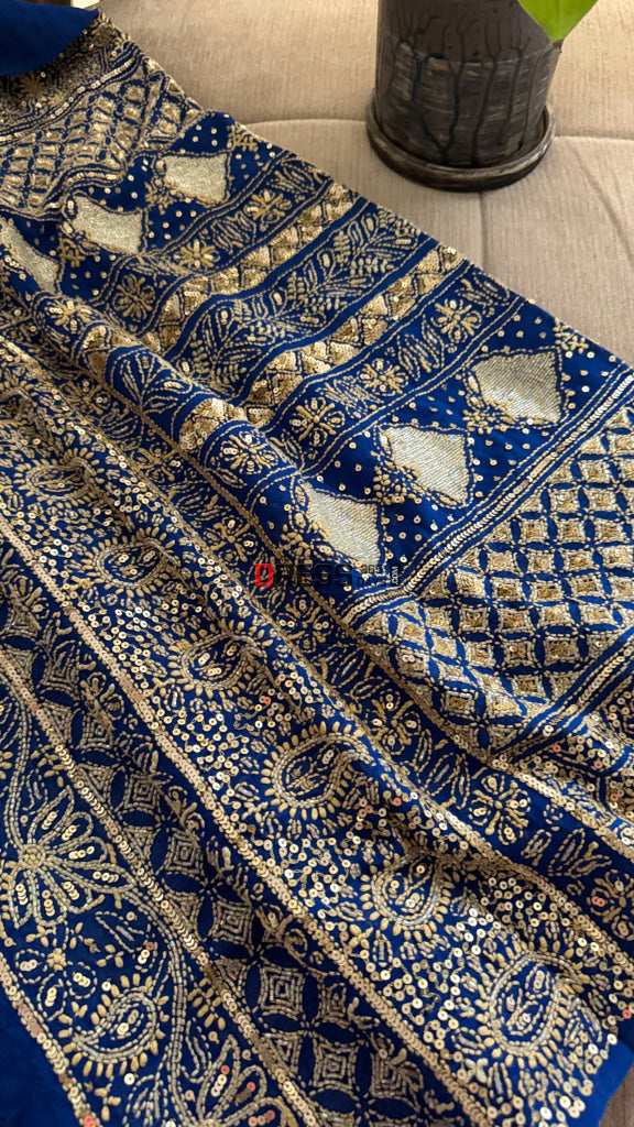 Masterpiece Blue Gold Cut Dana Sequin Chikankari Suit (Kurta & Dupatta) - Chikankari Suits