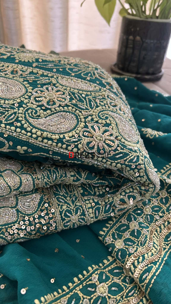 Masterpiece Emerald Green Cut Dana & Sequins Work Chikankari Anarkali Suit Chikankari Anarkali