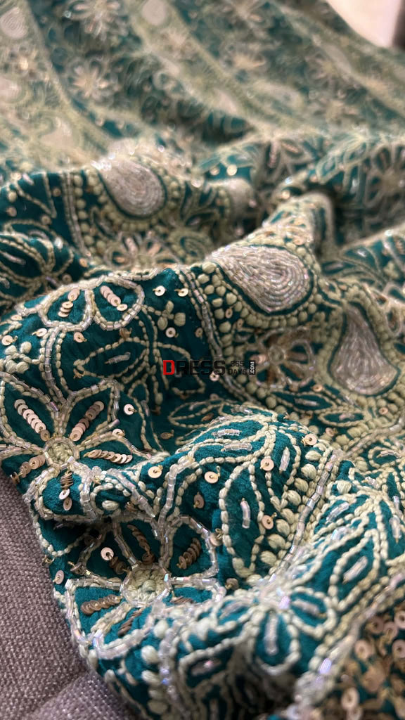 Masterpiece Emerald Green Cut Dana & Sequins Work Chikankari Anarkali Suit Chikankari Anarkali