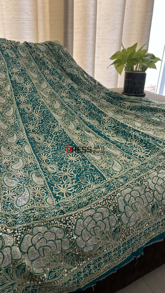 Masterpiece Emerald Green Cut Dana & Sequins Work Chikankari Anarkali Suit Chikankari Anarkali
