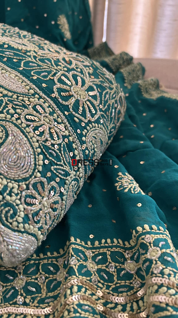 Masterpiece Emerald Green Cut Dana & Sequins Work Chikankari Anarkali Suit Chikankari Anarkali