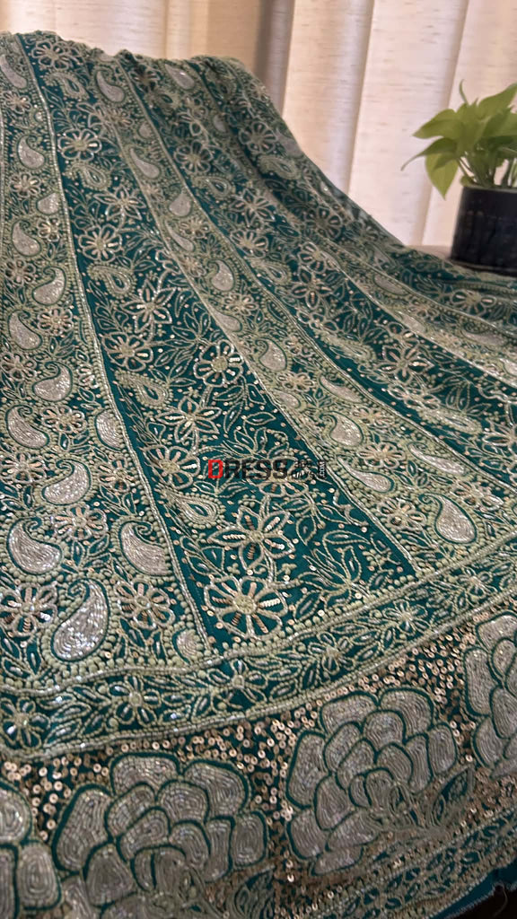 Masterpiece Emerald Green Cut Dana & Sequins Work Chikankari Anarkali Suit Chikankari Anarkali