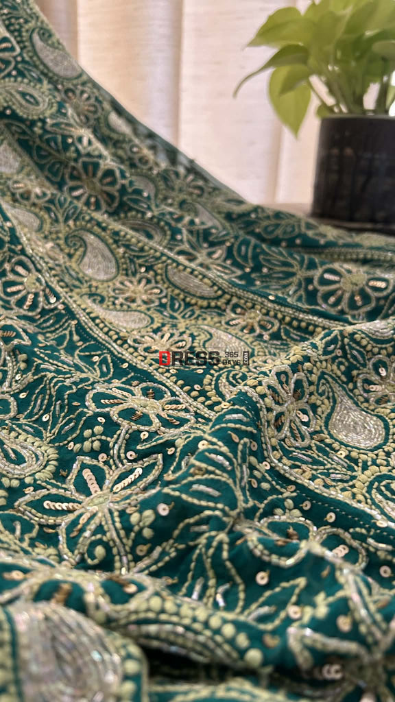 Masterpiece Emerald Green Cut Dana & Sequins Work Chikankari Anarkali Suit Chikankari Anarkali
