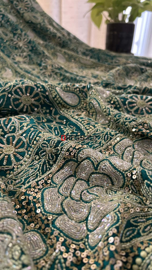 Masterpiece Emerald Green Cut Dana & Sequins Work Chikankari Anarkali Suit Chikankari Anarkali