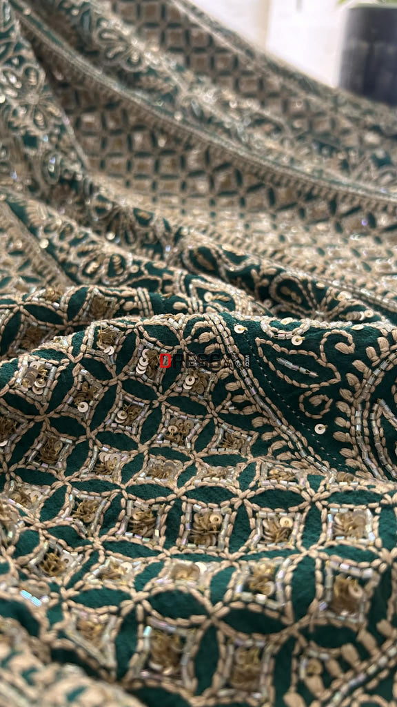 Masterpiece Emerald Green Cut Dana & Sequins Work Chikankari Anarkali Suit Chikankari Anarkali