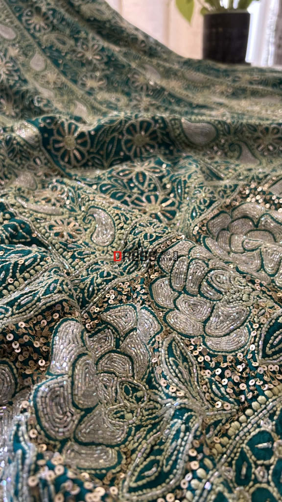 Masterpiece Emerald Green Cut Dana & Sequins Work Chikankari Anarkali Suit Chikankari Anarkali