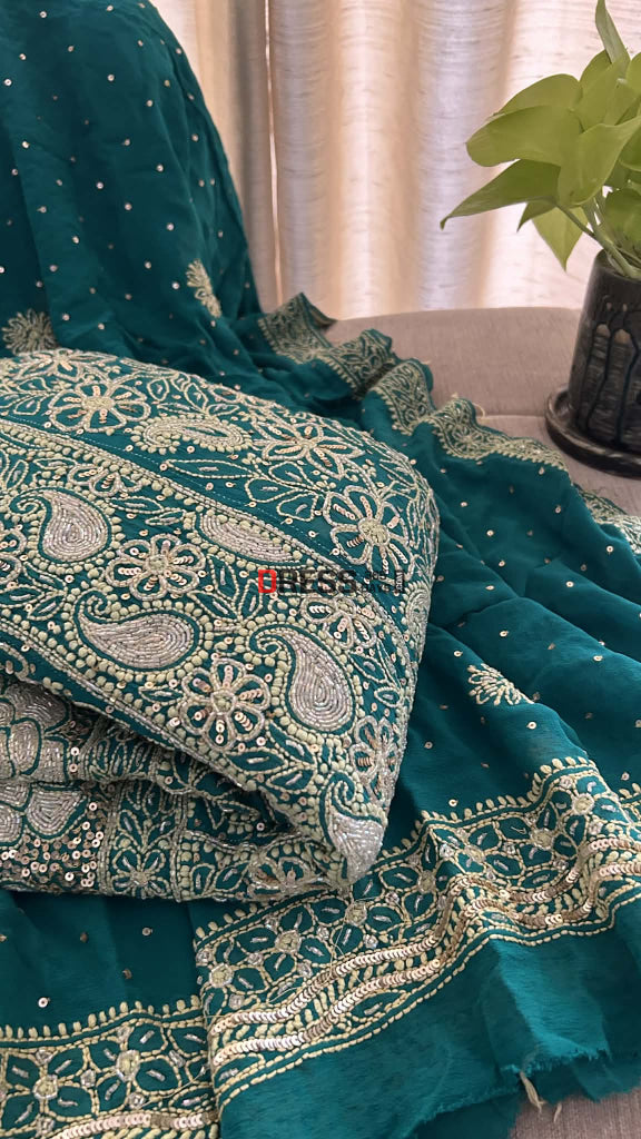 Masterpiece Emerald Green Cut Dana & Sequins Work Chikankari Anarkali Suit Chikankari Anarkali