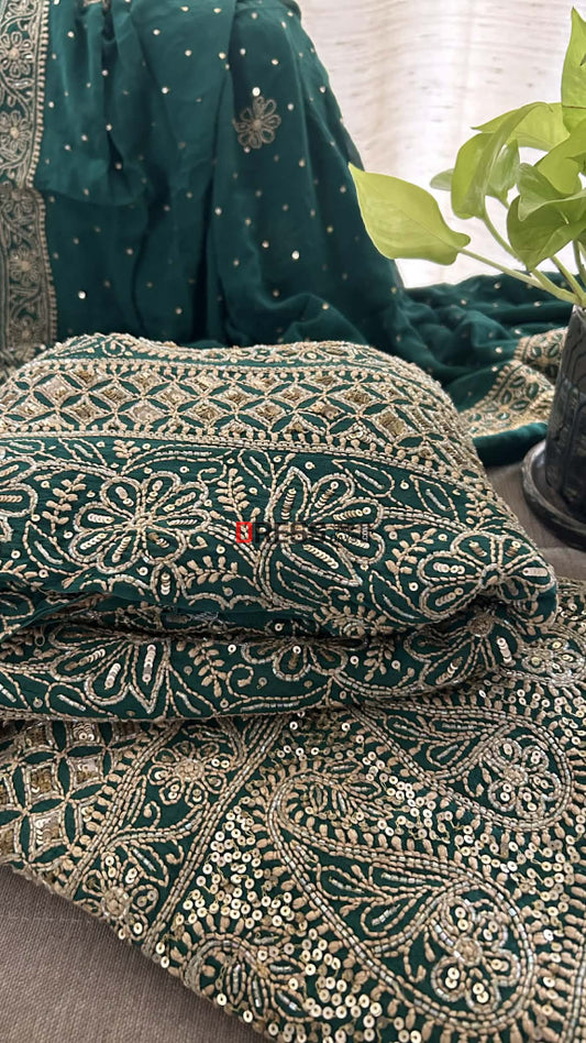 Masterpiece Emerald Green Cut Dana & Sequins Work Chikankari Anarkali Suit Chikankari Anarkali