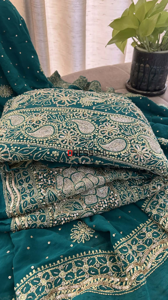 Masterpiece Emerald Green Cut Dana & Sequins Work Chikankari Anarkali Suit Chikankari Anarkali