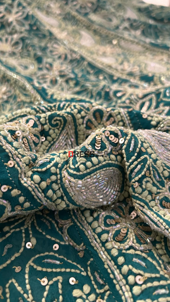 Masterpiece Emerald Green Cut Dana & Sequins Work Chikankari Anarkali Suit Chikankari Anarkali