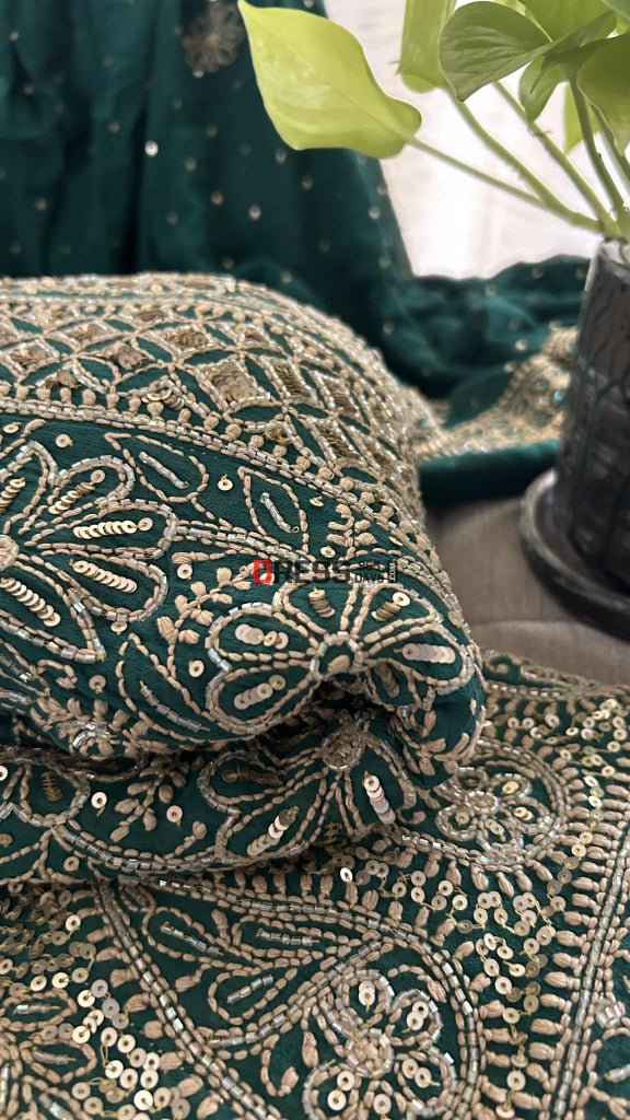 Masterpiece Emerald Green Cut Dana & Sequins Work Chikankari Anarkali Suit Chikankari Anarkali