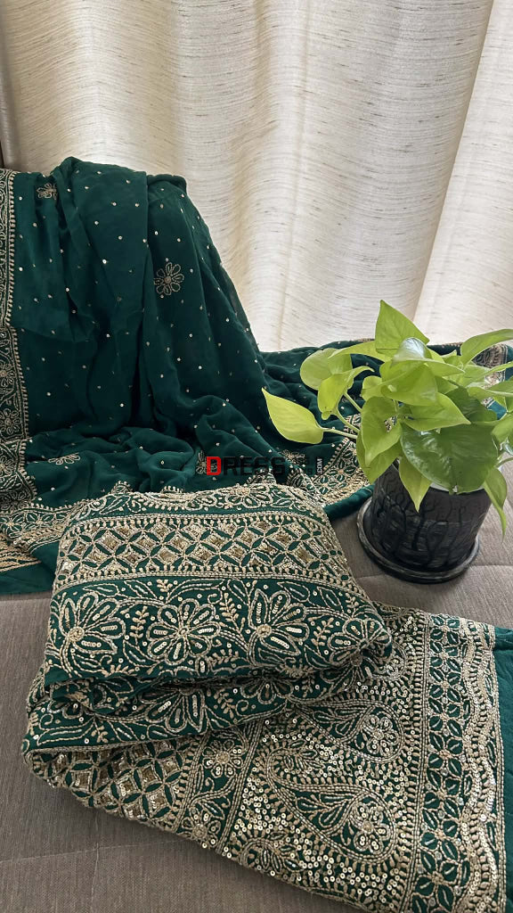 Masterpiece Emerald Green Cut Dana & Sequins Work Chikankari Anarkali Suit Chikankari Anarkali