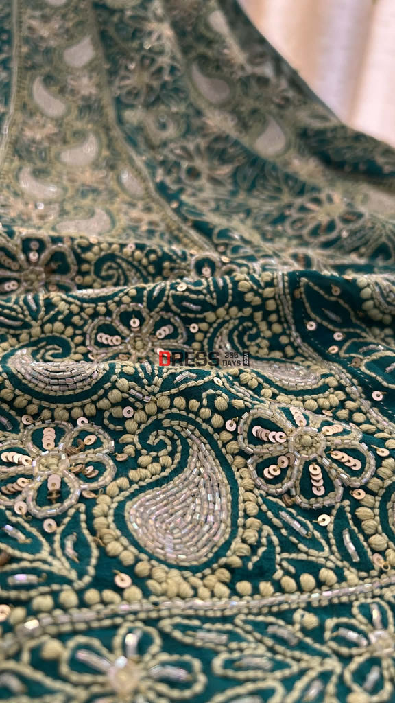 Masterpiece Emerald Green Cut Dana & Sequins Work Chikankari Anarkali Suit Chikankari Anarkali