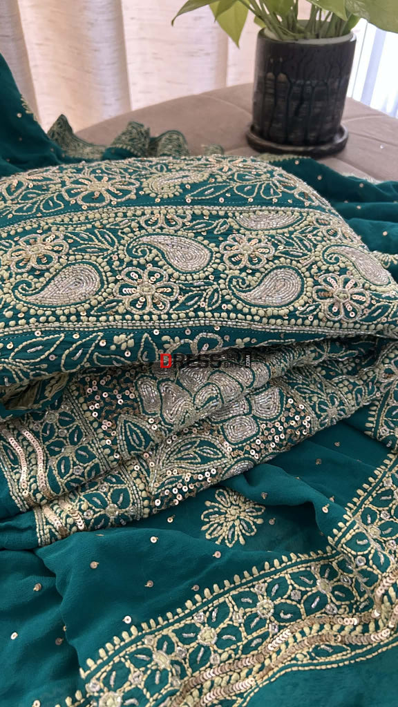 Masterpiece Emerald Green Cut Dana & Sequins Work Chikankari Anarkali Suit Chikankari Anarkali