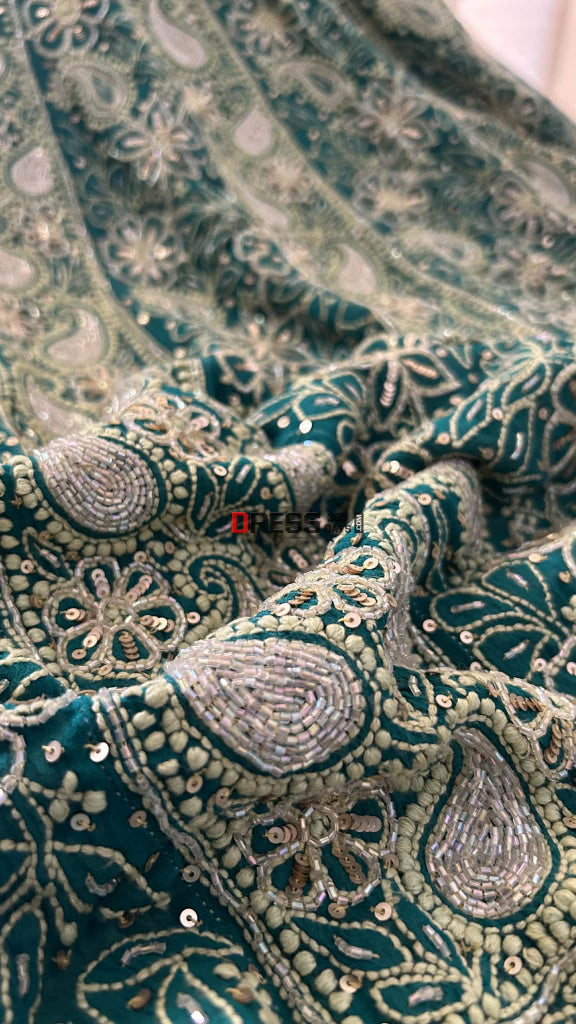 Masterpiece Emerald Green Cut Dana & Sequins Work Chikankari Anarkali Suit Chikankari Anarkali
