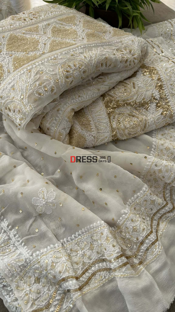 Masterpiece Ivory & Golden Cut Dana Chikankari Anarkali Suit Chikankari Anarkali