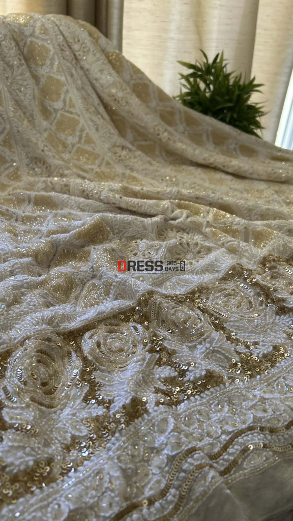 Masterpiece Ivory & Golden Cut Dana Chikankari Anarkali Suit Chikankari Anarkali