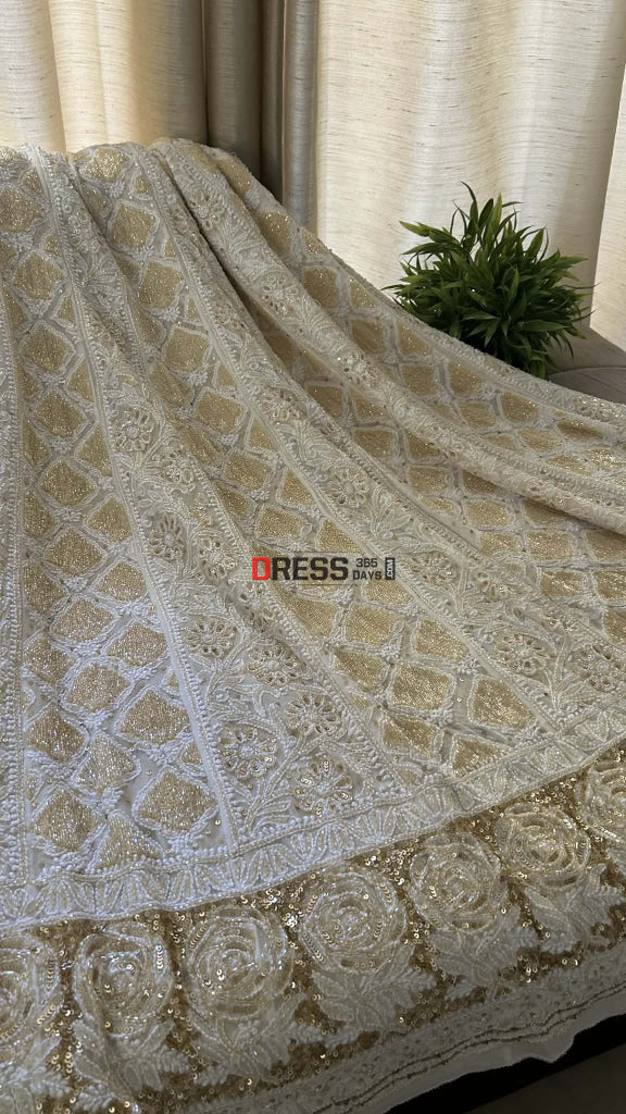 Masterpiece Ivory & Golden Cut Dana Chikankari Anarkali Suit Chikankari Anarkali