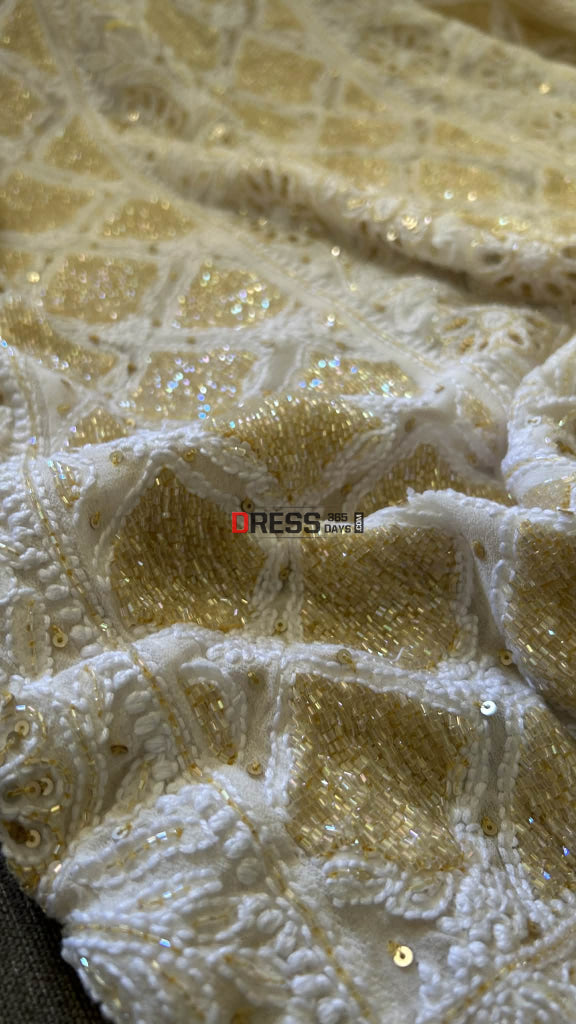 Masterpiece Ivory & Golden Cut Dana Chikankari Anarkali Suit Chikankari Anarkali