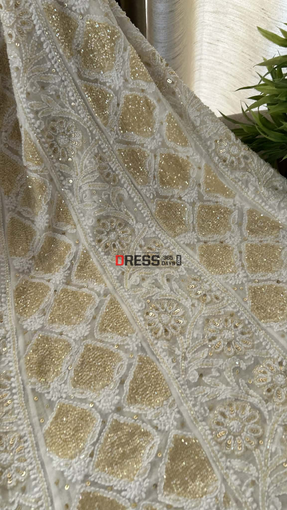 Masterpiece Ivory & Golden Cut Dana Chikankari Anarkali Suit Chikankari Anarkali