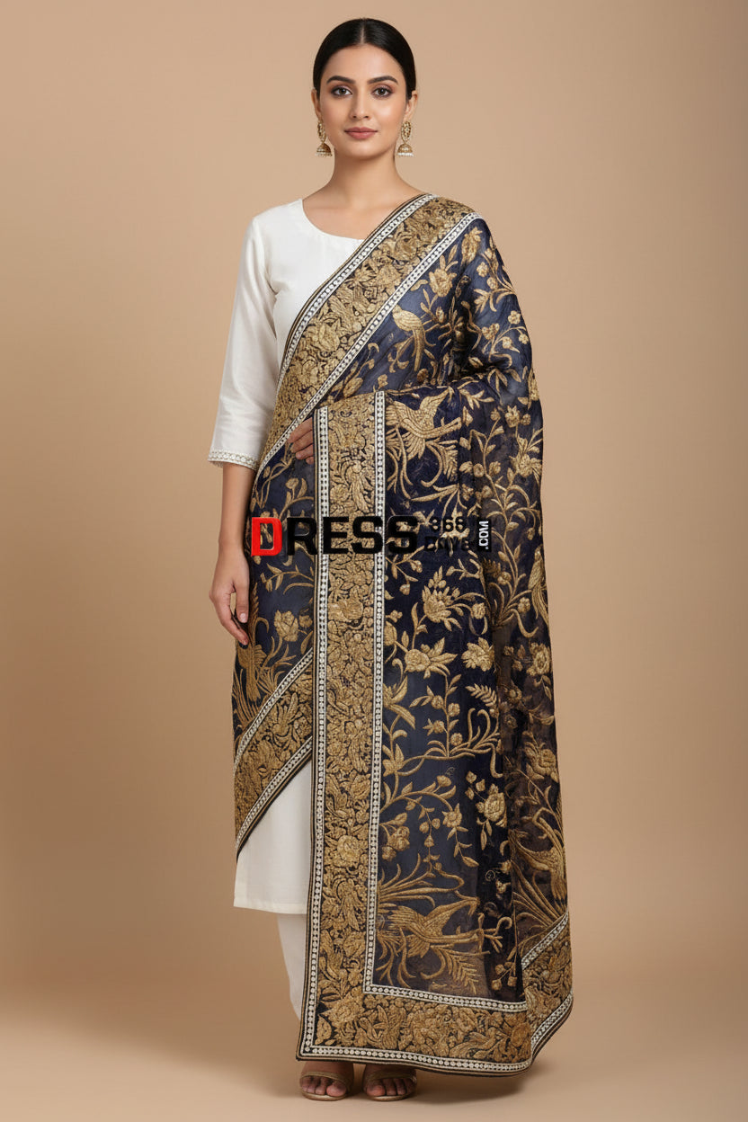 Pre Order Black-Gold Parsi Gara Hand Embroidered Dupatta