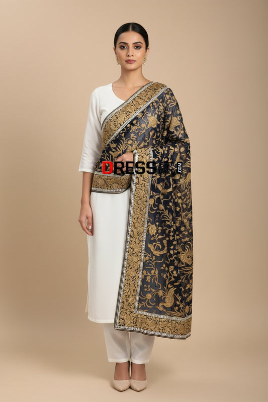 Pre Order Black Gold Parsi Gara Hand Embroidered Dupatta