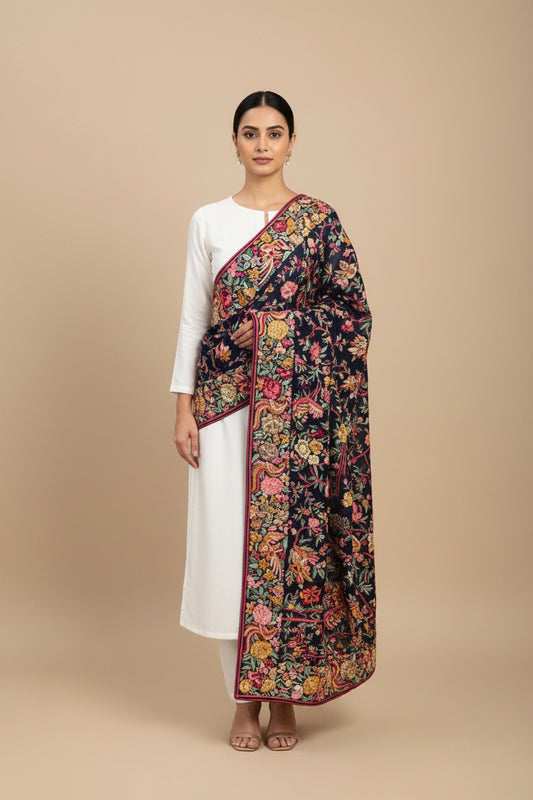 Pre Order Designer Masterpiece Parsi Gara Navy-Multicolour Dupatta