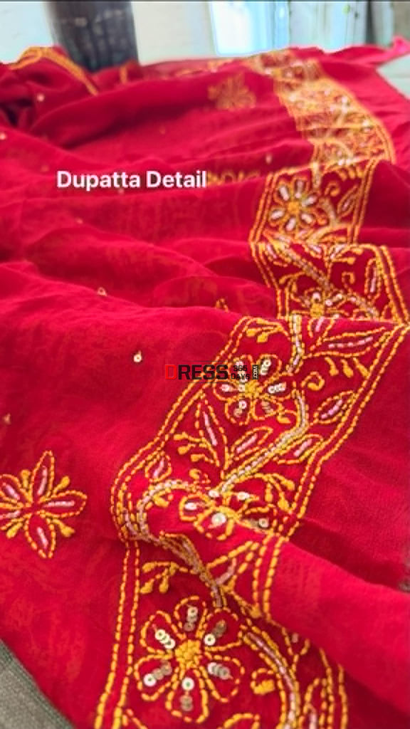 Masterpiece Red Cut Dana Sequin Chikankari Suit (Kurta & Dupatta) - Chikankari Suits