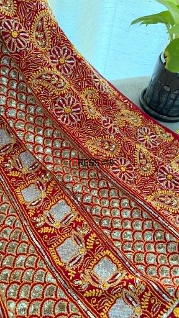 Masterpiece Red Cut Dana Sequin Chikankari Suit (Kurta & Dupatta) - Chikankari Suits