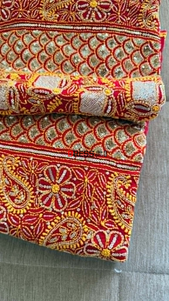Masterpiece Red Cut Dana Sequin Chikankari Suit (Kurta & Dupatta) - Chikankari Suits