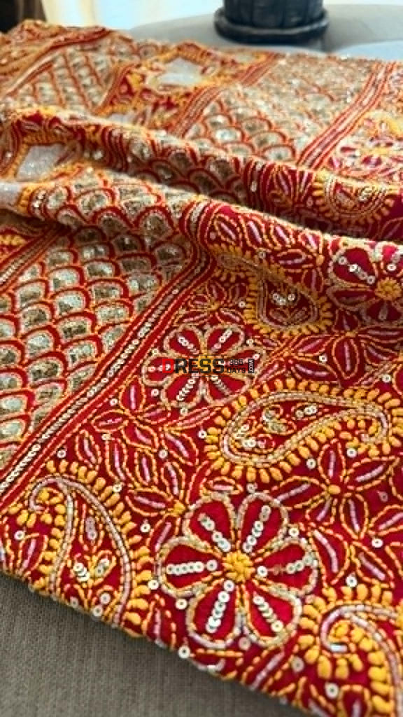 Masterpiece Red Cut Dana Sequin Chikankari Suit (Kurta & Dupatta) - Chikankari Suits